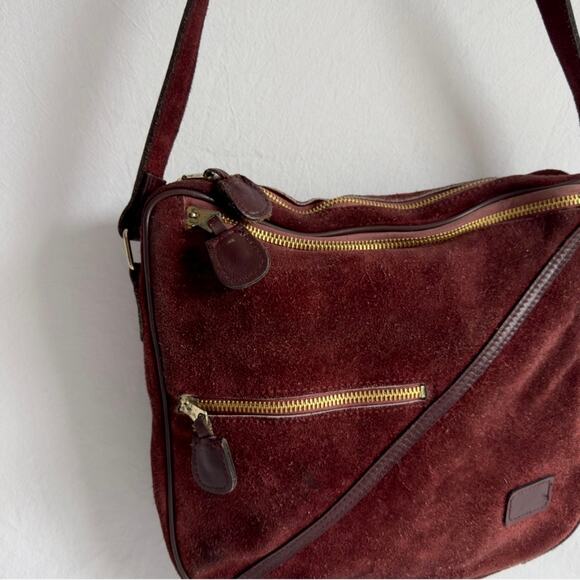 GENUINE Red Burgundy Suede Leather Vintage Shoulder Bag Purse - Picture 2 of 3
